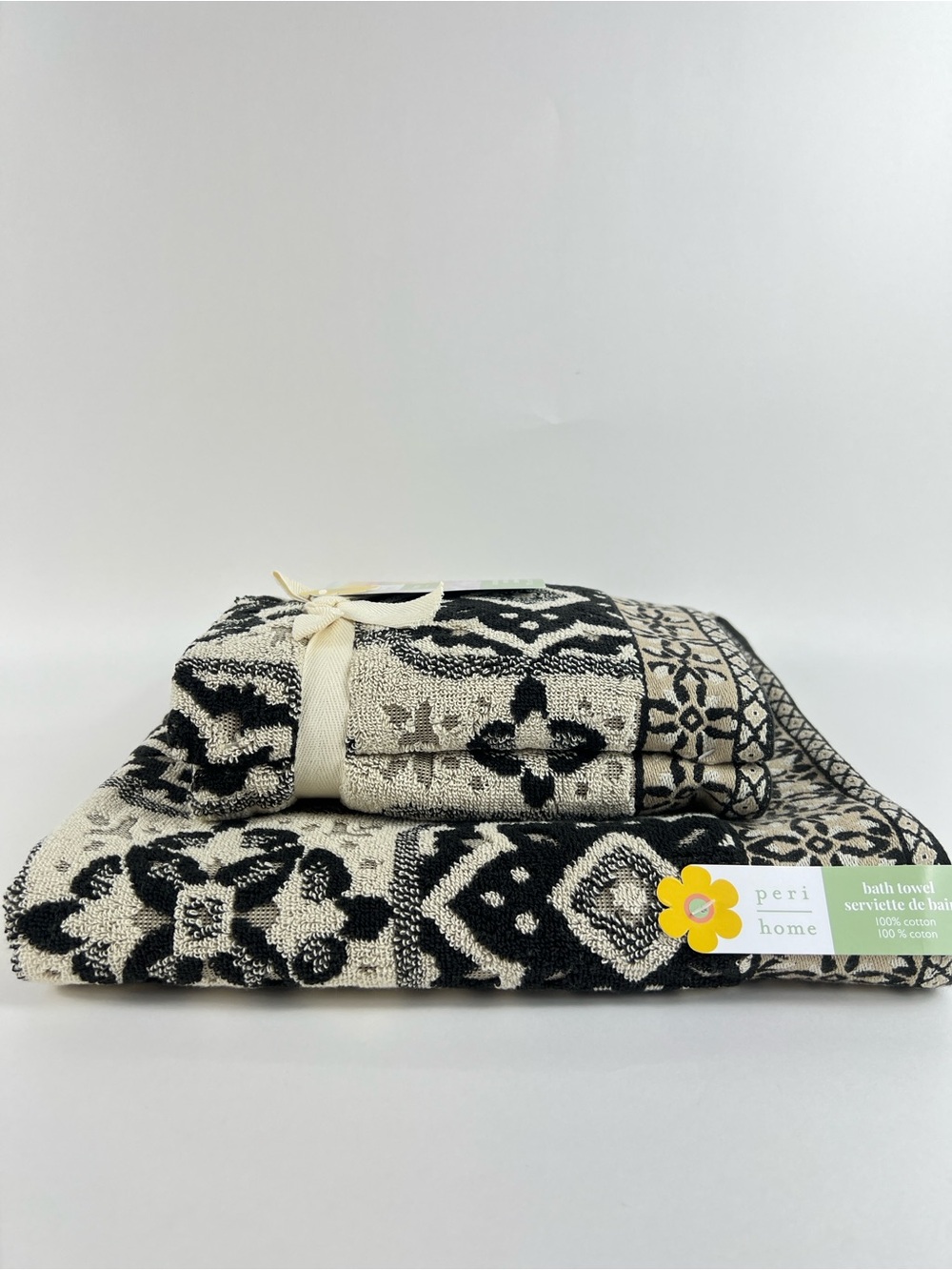 Peri Home Bath Towel Set Black Cream Floral Design 100% Cotton 3 Pc Set NEW